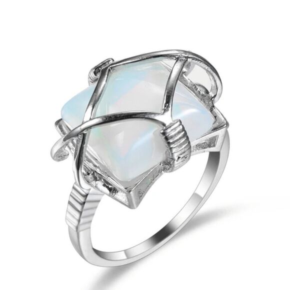 Natural Square Lab Opal Ring Female Creative Grid Rings for Women - Picture 1 of 8